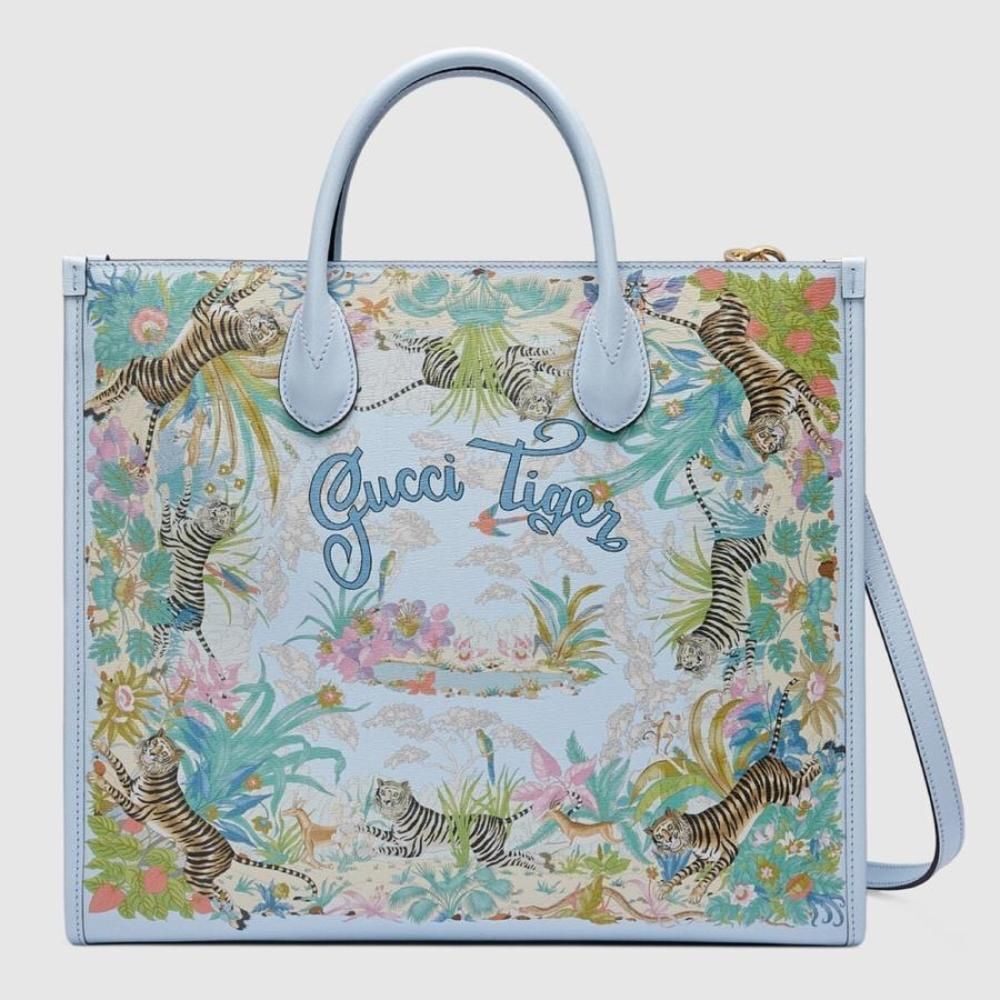 Gucci Tote Bag Shoulder Bag Light Blue Gold Tiger Flower Print Leather
